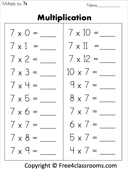 Free Multiplication Worksheet - Multiply By 7s - Free Worksheets ...