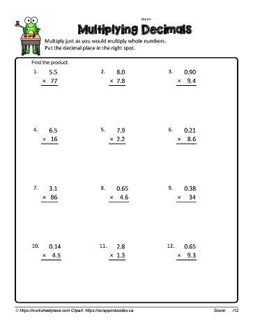 multiply decimals and whole numbers worksheet