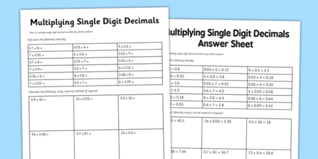 Multiply Single Digit Decimals Worksheet / Worksheet