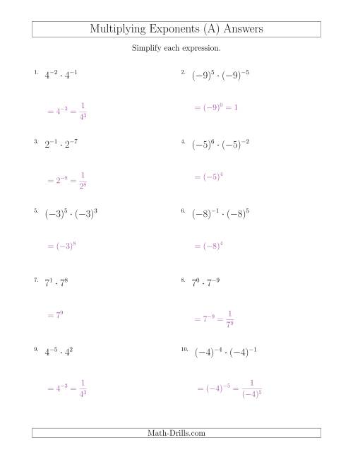 Multiplying Exponents (With Negatives) (A)