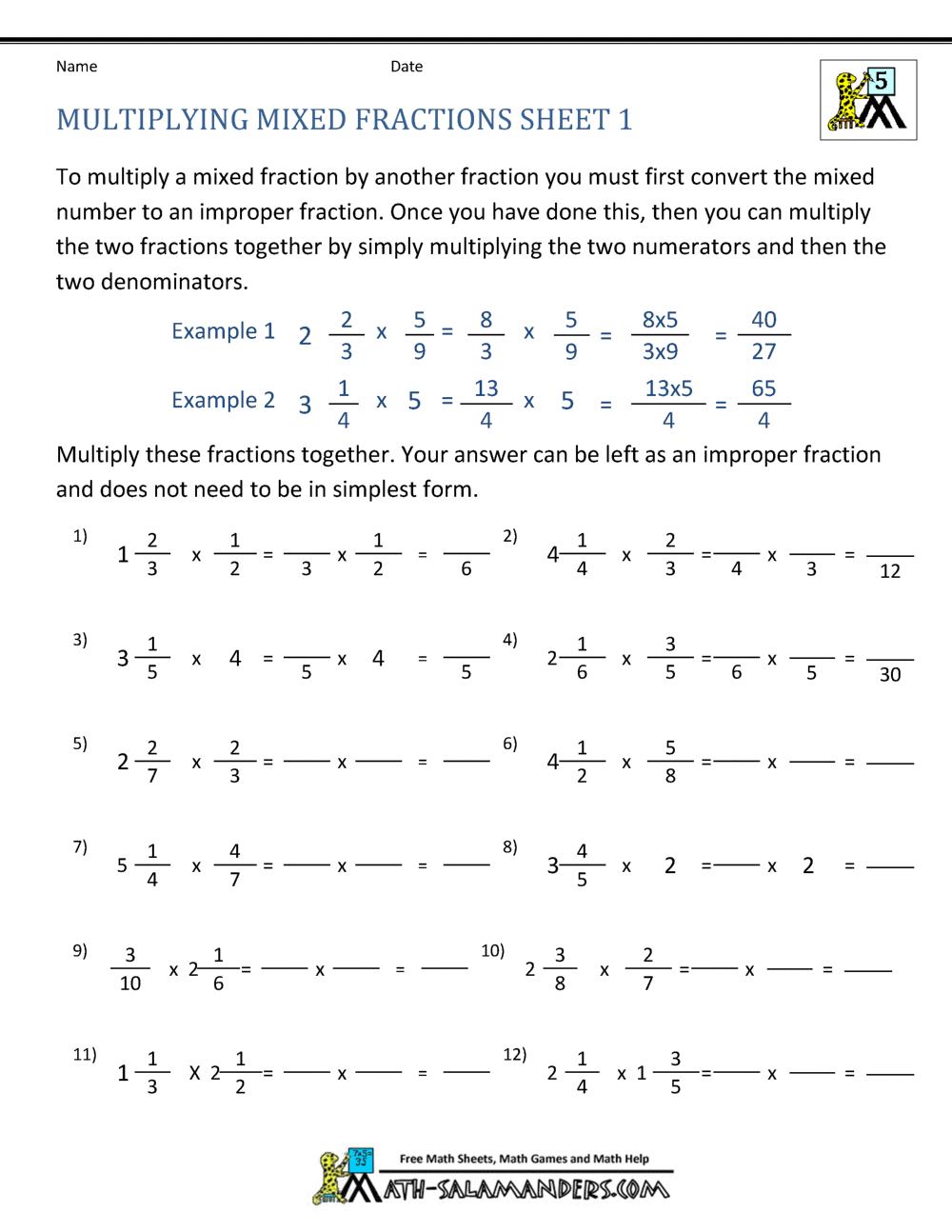 multiply mixed numbers by whole numbers worksheet