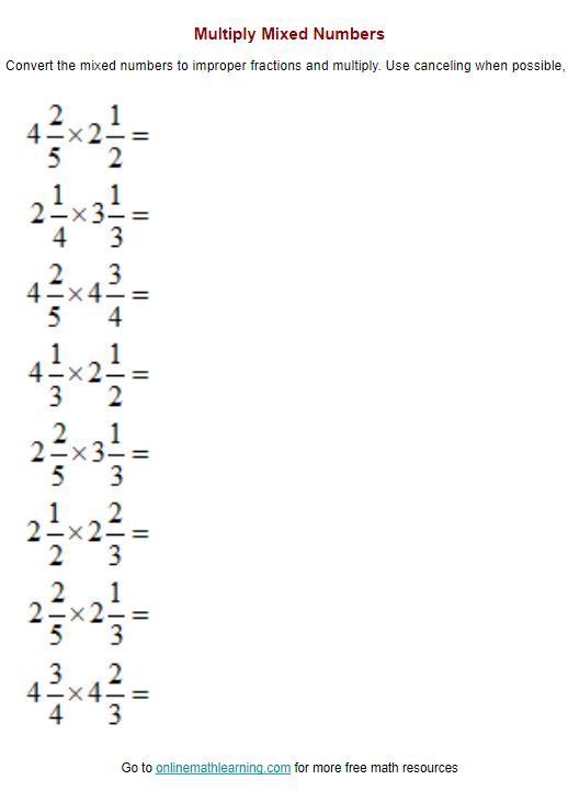 multiply mixed numbers worksheet