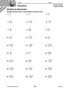 Dividing by Monomials Worksheet for 9th Grade | Lesson Planet