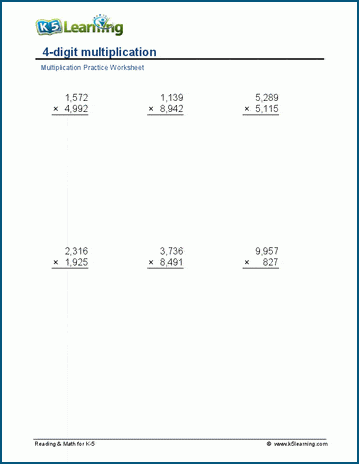 Multiply 4 x 4 digits worksheets | Worsheets library