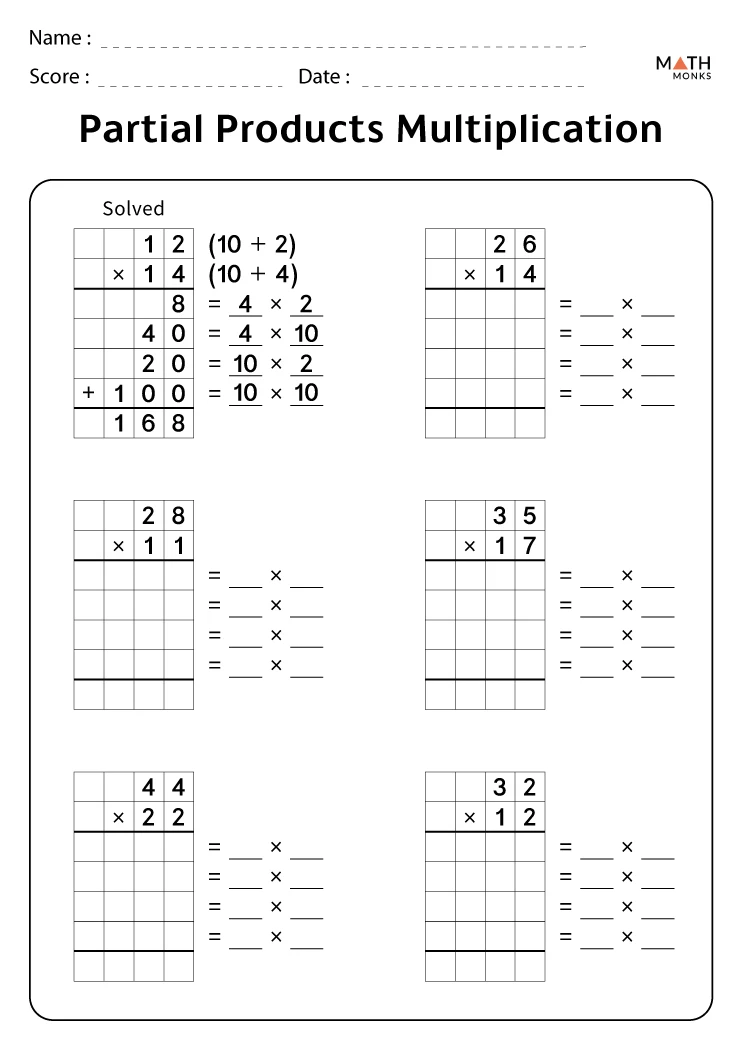 Partial Products Multiplication Worksheets - Math Monks