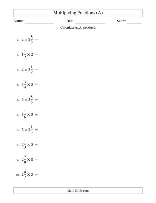 multiply whole numbers and fractions worksheet