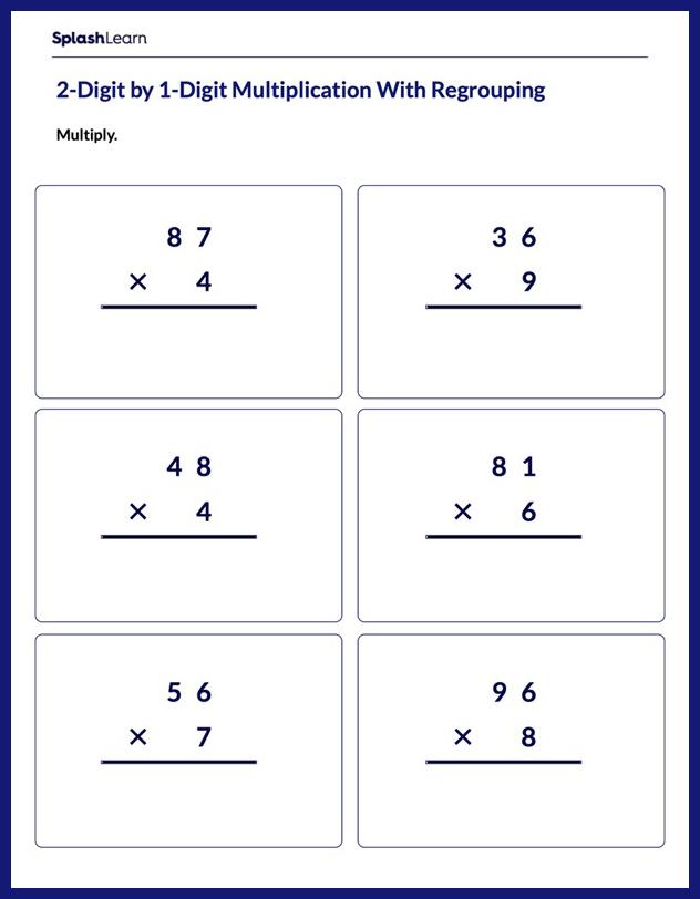 multiplying 2 digit by 1 digit worksheet