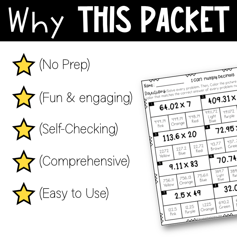 Multiplying and Dividing Decimals Worksheets Color by Numbers for 5th Grade  no prep