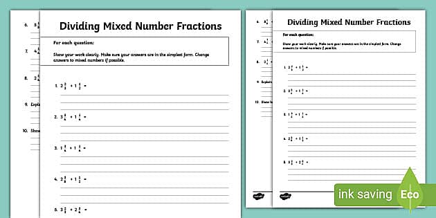 Dividing Mixed Fractions Activity for 6th-8th Grade - Twinkl