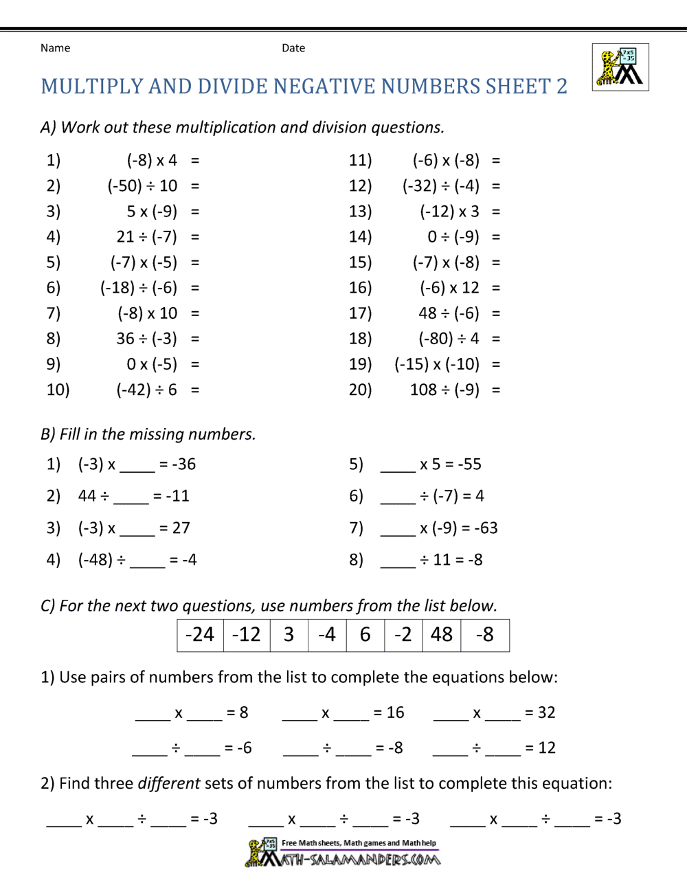 Multiply and Divide Negative Numbers