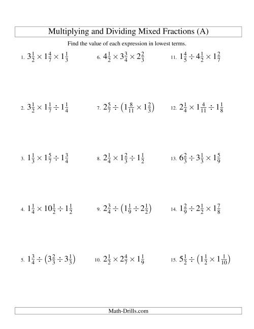 multiplying and dividing mixed fractions worksheet