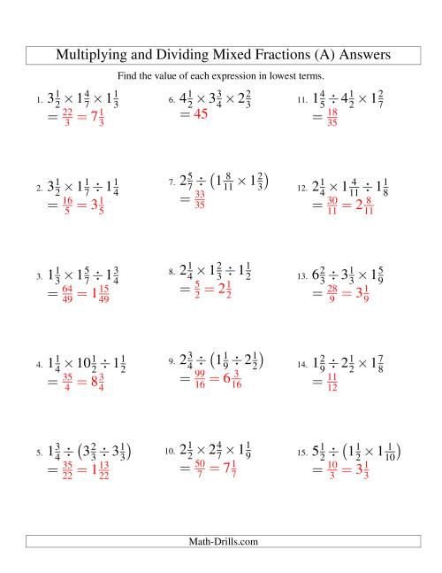 Multiplying and Dividing Mixed Fractions with Three Terms (A)