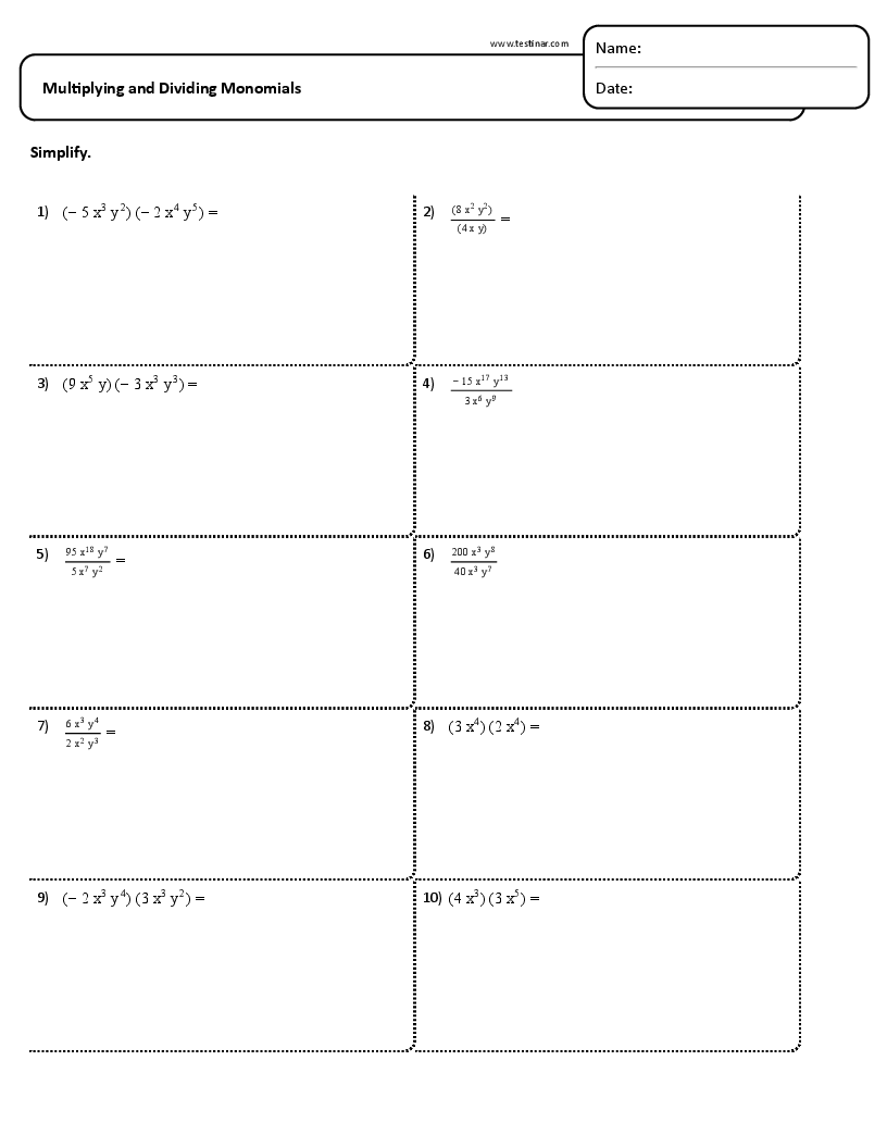 Dividing Monomials worksheets