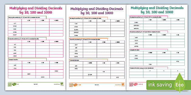 Multiplying &  Dividing Decimals by 10, 100 &  1000 Worksheet