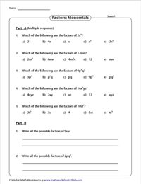 Factoring Polynomials Worksheets