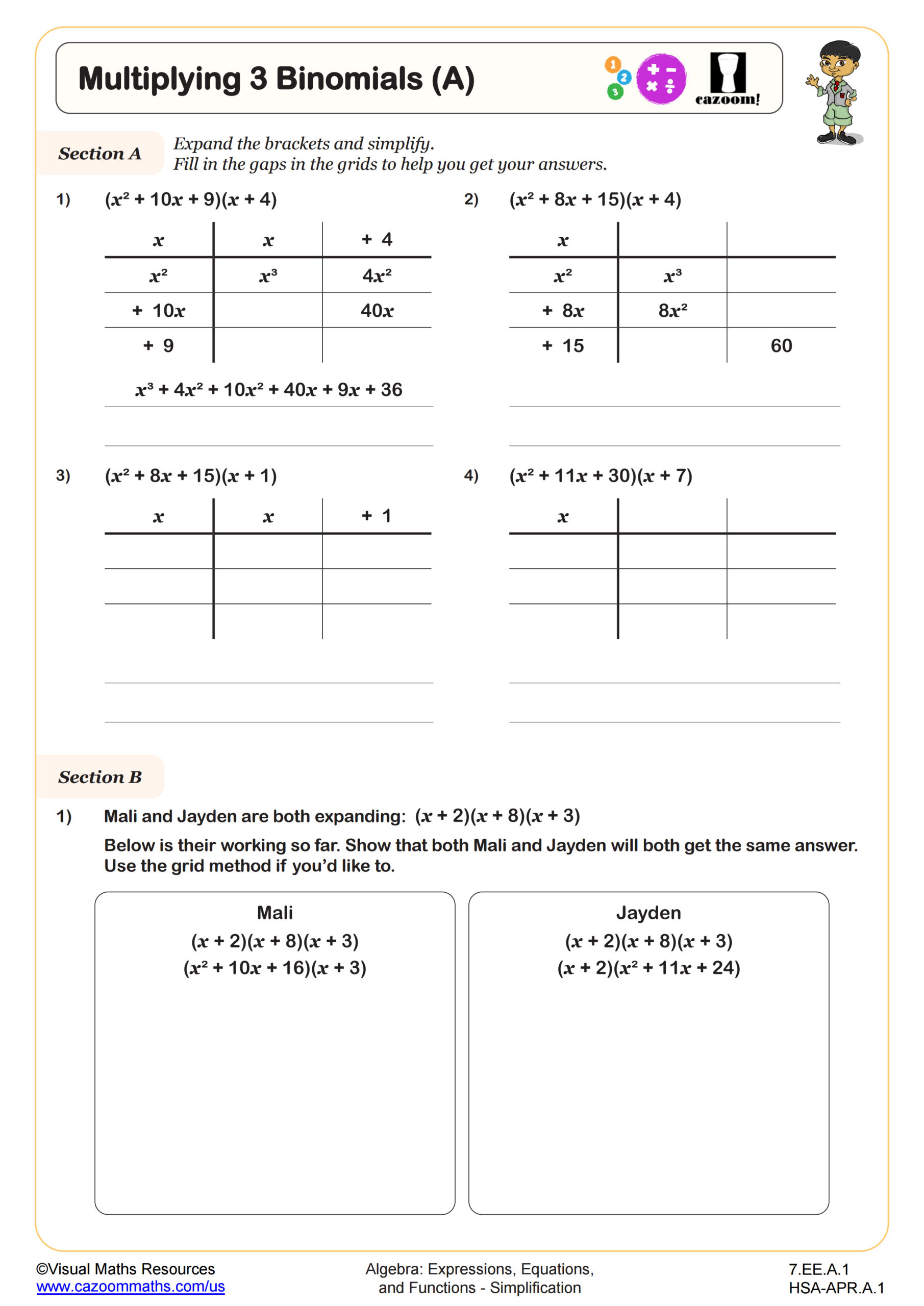 Multiplying 3 Binomials (A) Worksheet | PDF Printable Algebra ...