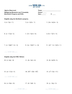 Worksheet: Polynomials - Multiply Binomials and Trinomials - FOIL ...