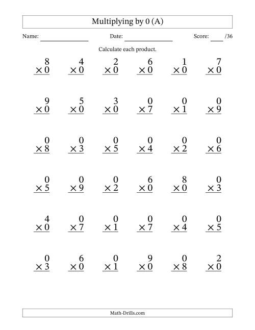Multiplying (1 to 9) by 0 (36 Questions) (A)