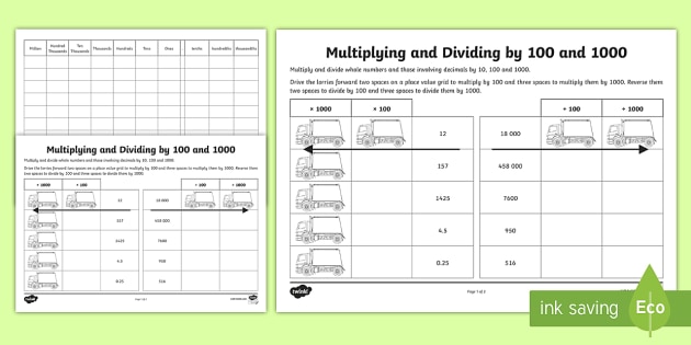 Multiplying and Dividing by 100 and 1000 Worksheet / Worksheet