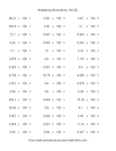 Multiplying Decimals by 100 [D] Worksheet for 4th - 5th Grade ...