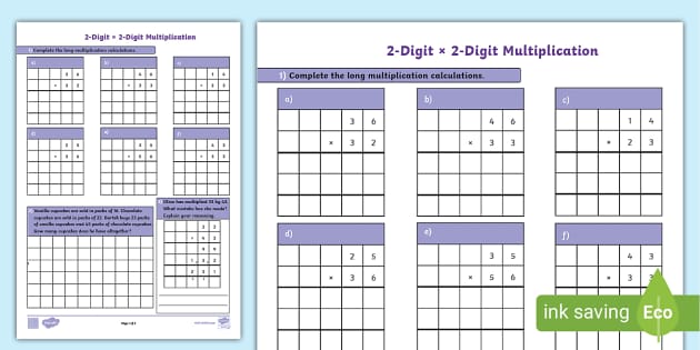 2 Digit x 2 Digit Column Multiplication Worksheets - KS2