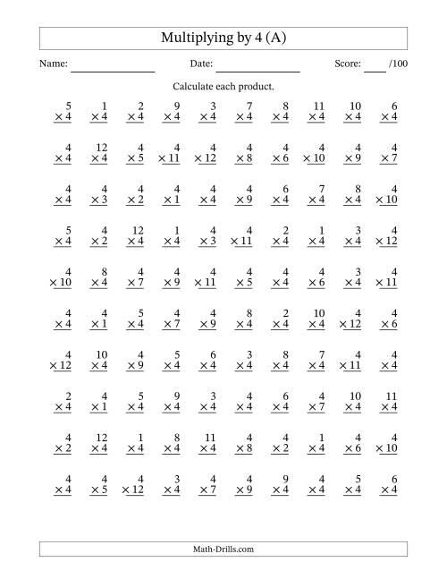 Multiplying (1 to 12) by 4 (100 Questions) (A)