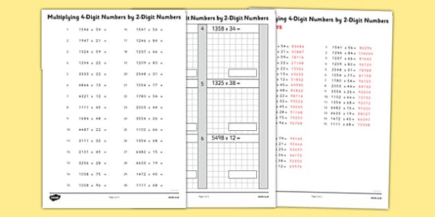 Multiplying 4 Digit Numbers by 2 Digit Numbers Worksheet