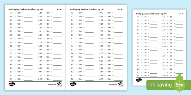 Multiplying Decimal Numbers by 100 Worksheet (teacher made)