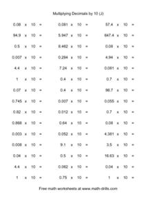 Multiplying Decimals by 10 (J) Worksheet for 5th Grade | Lesson Planet