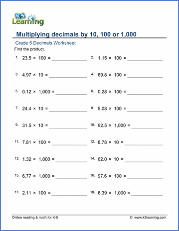 multiplying decimals by 10 100 and 1000 worksheet