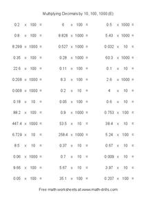 multiplying decimals by 10 100 and 1000 worksheet
