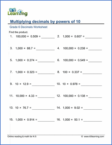 multiplying decimals by powers of 10 worksheet
