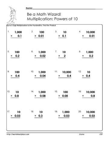 Powers of Ten: Up to Hundredths Worksheets