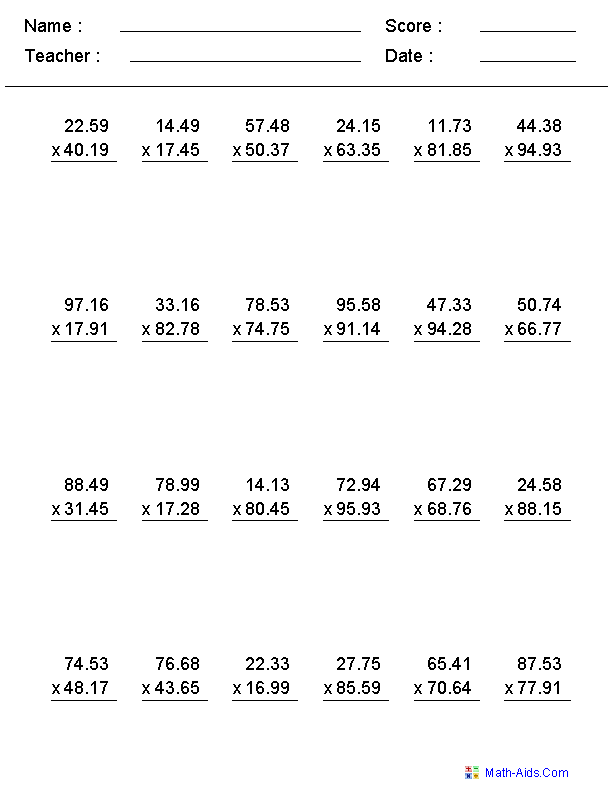 multiplying decimals math worksheet