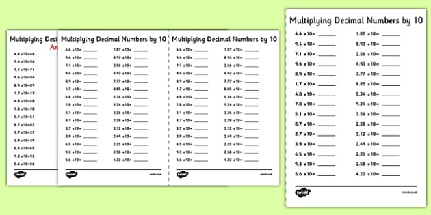 Multiplying Decimals by 10 Worksheet - A5 Worksheet - Twinkl