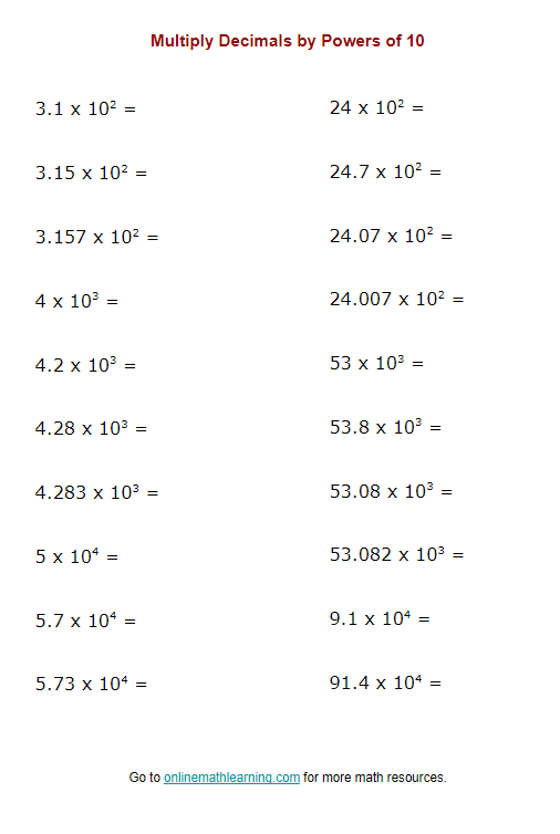 Multiply Decimals by Powers of 10 Worksheet (printable, online ...