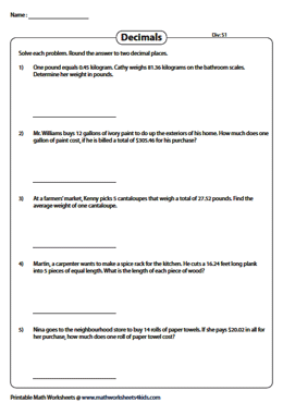 multiplying decimals word problems worksheet