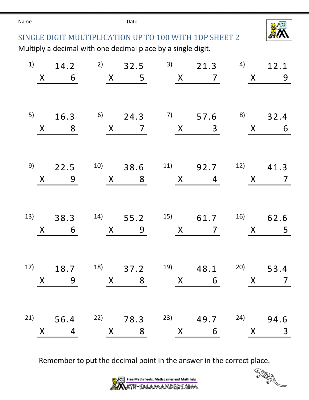 multiplying decimals worksheet 5th grade