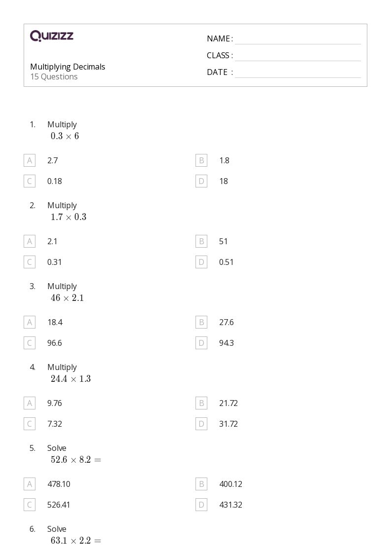 multiplying decimals worksheet 6th grade