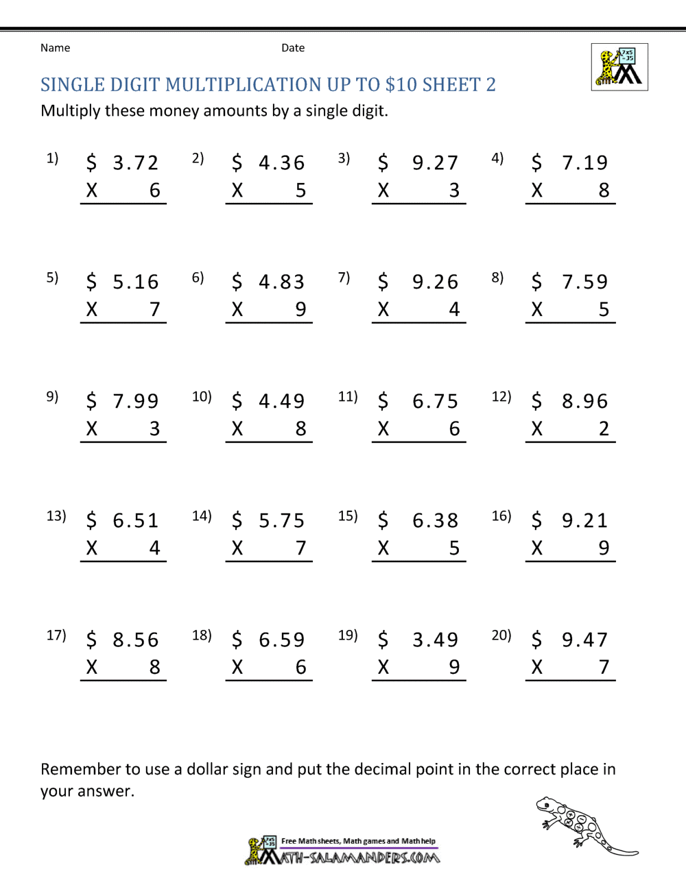 Decimal Multiplication Worksheet 5th Grade