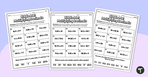 Multiplying Decimals - Riddle Worksheets | Teach Starter