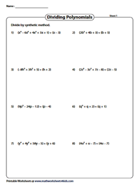 Dividing Polynomials Worksheets