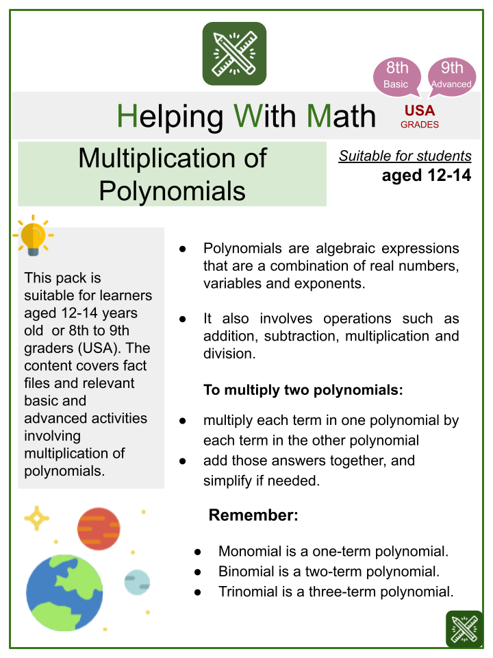 Multiplication of Polynomials Math Worksheets | Aged 12-14