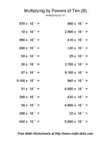 Multiplying by Powers of Ten (B) Worksheet for 5th Grade | Lesson ...