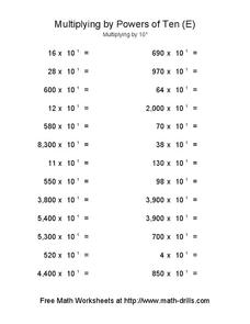 Multiplying by Powers of Ten (E) Worksheet for 5th Grade | Lesson ...