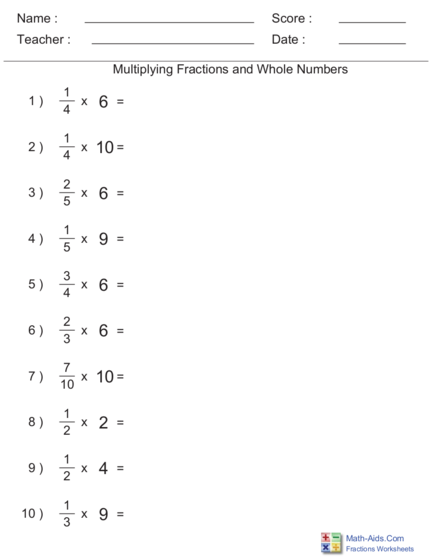 Multiplying Fractions by Whole Numbers worksheet