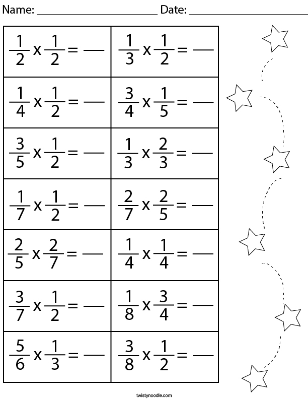 Multiplying Fractions Math Worksheet - Twisty Noodle