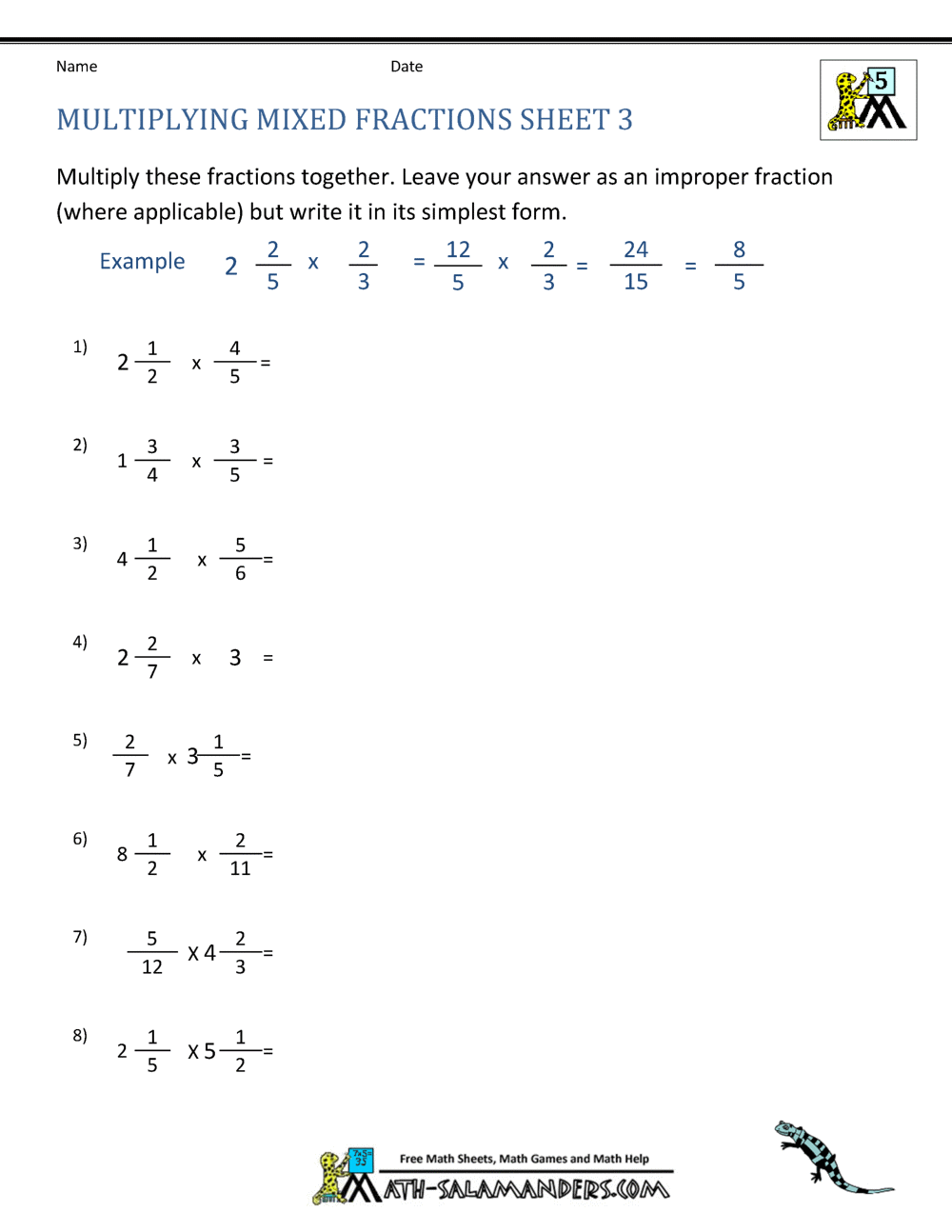 multiplying fractions with mixed numbers worksheet