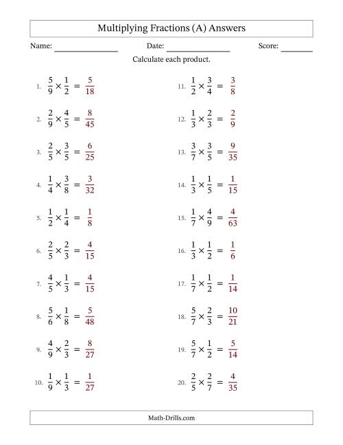 Multiplying Two Proper Fractions with No Simplification (Fillable) (A)