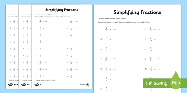 Simplifying Fractions Worksheet | Fractions in Simplest Form